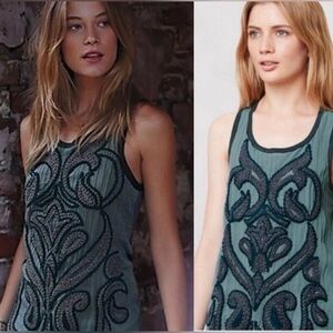 Anthropologie DOLAN Acadia Embroidered Tank Top Teal Blue Green Textured M